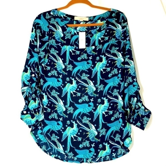 Ann Taylor LOFT Peacock Print Long Sleeve Blouse, Navy Blue/Teal Sz XS, NWT - Picture 1 of 9